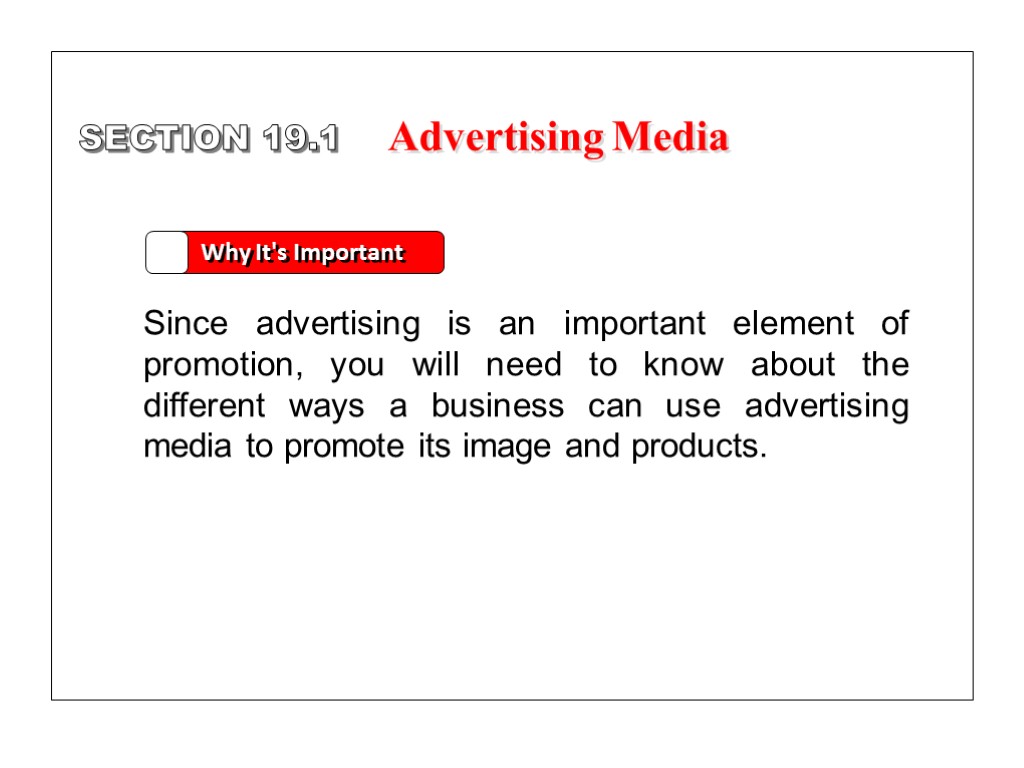 SECTION 19.1 Why It's Important Since advertising is an important element of promotion, you